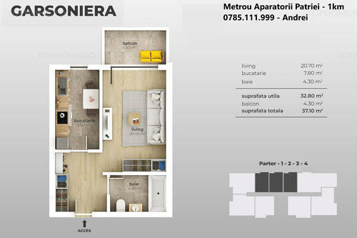 Nou ! Metrou Aparatorii Patriei (1km) - Garsoniera 37mp